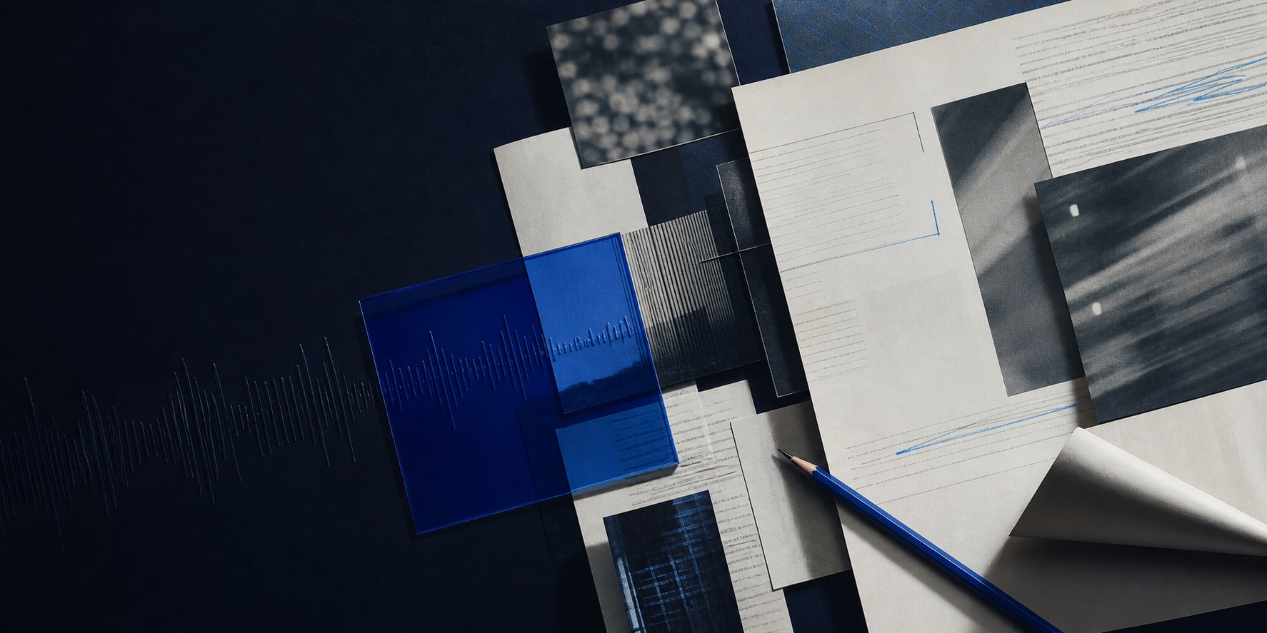 Layered reporting materials, photographic frames, and an audio waveform arranged for editorial review
